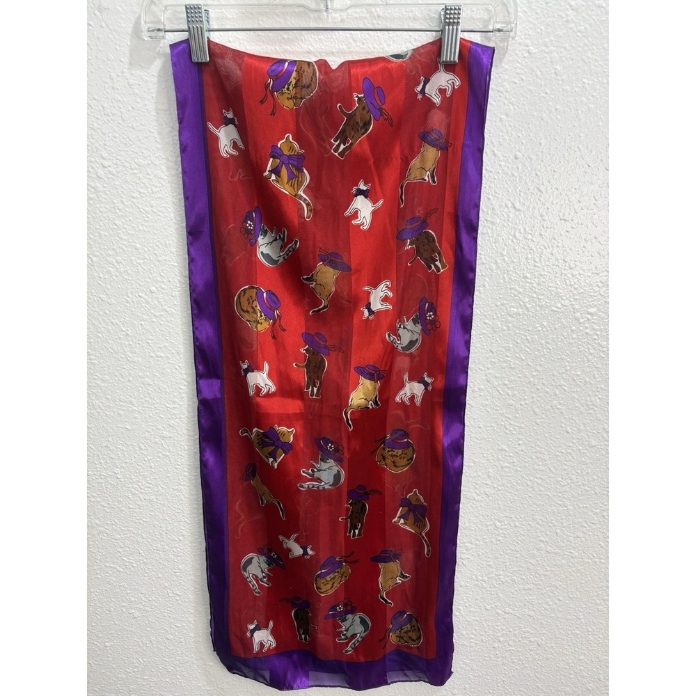 Red Scarf Cats In Hats Rectangular 12x59" Polyester Korea Meow Kitty Feline